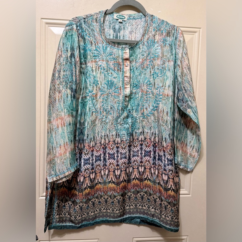 Dolma Silk Tunic  Blouse Hand Embroidered Long Sleeved Turquoise Size M